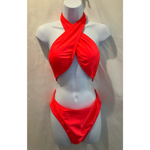 Wild Fable Coral/Orange One Piece Cross Front Halter Swimsuit - NWT - Size M - Picture 1 of 7